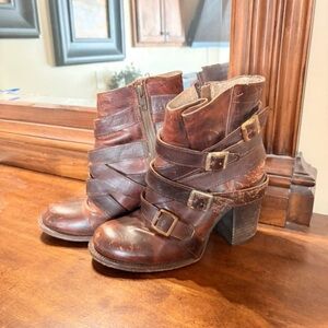 Distressed Brown Leather Buckle-Strap Ankle Booties